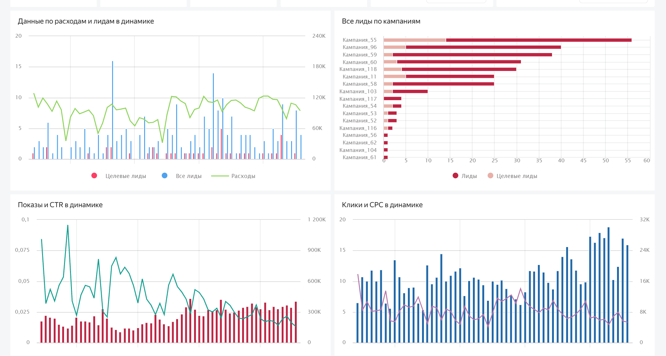 Динамика показателей: изучайте изменения расходов, лидов, CTR, CPC и других метрик во времени